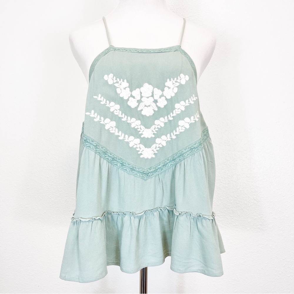 In Loom Mint Green Sleeveless Halter Top Lace Trim White Embroidered Front L